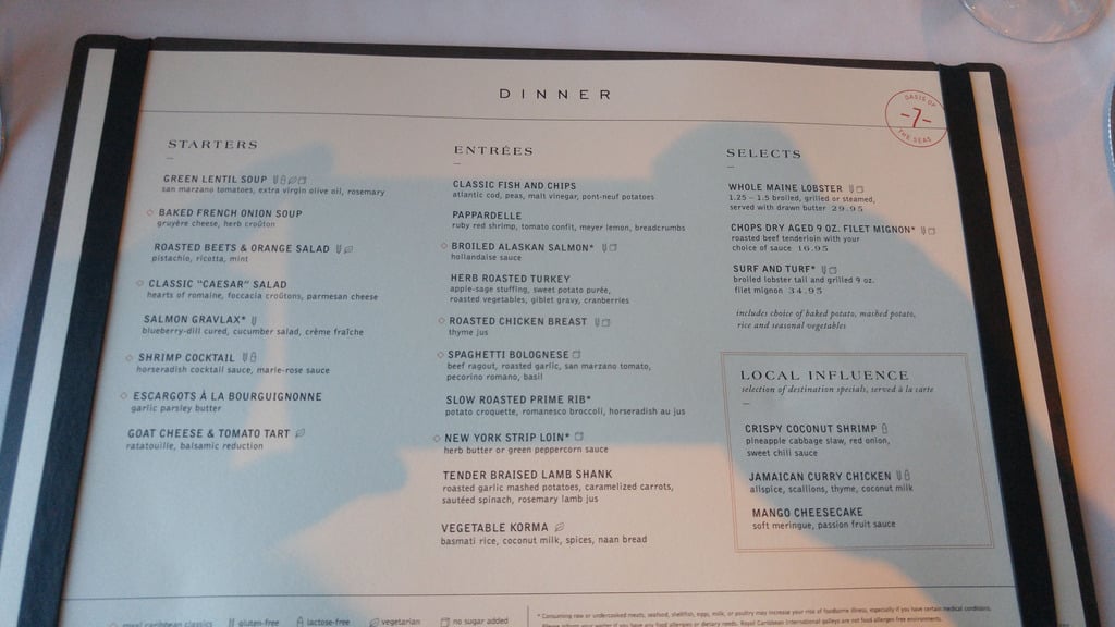 Spotted New main dining room menu on Royal Caribbean's Oasis of the