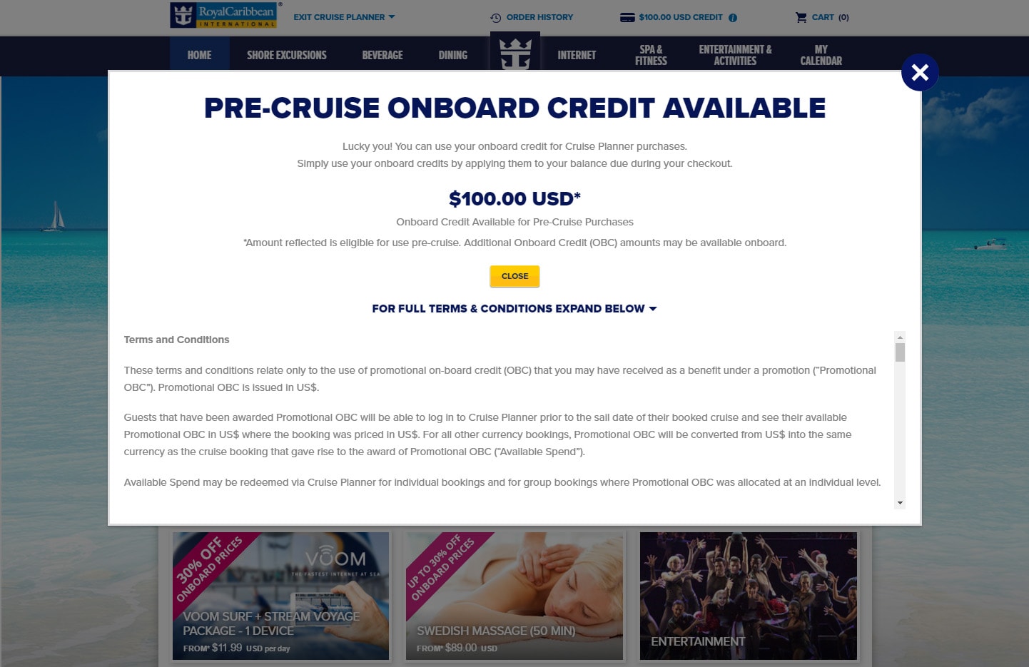 Royal Caribbean allowing guests to use onboard credit for precruise