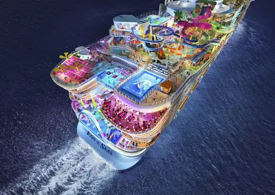 Aerial of Icon of the Seas at night