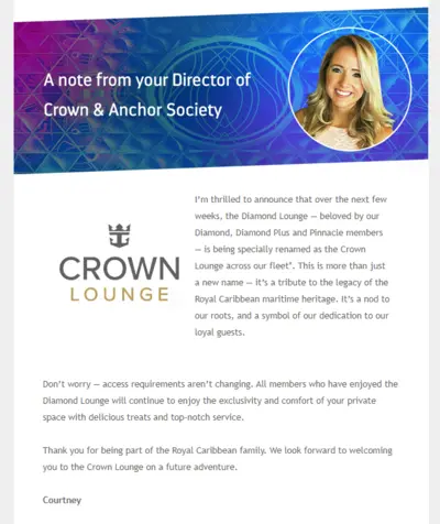 Email announcing Crown Lounge