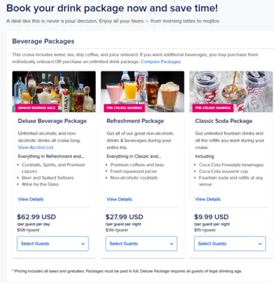 Drink package offerings at booking time