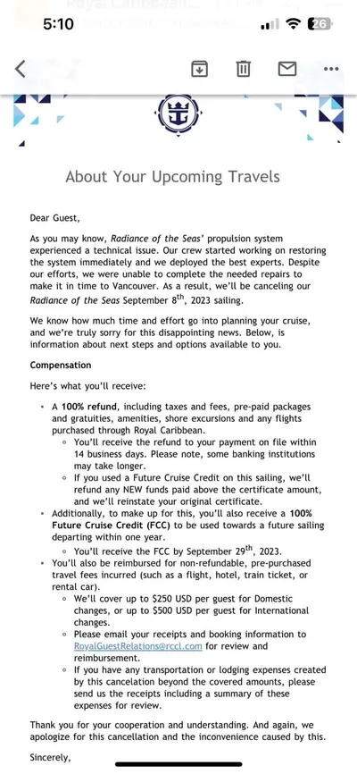 Cancellation email for Radiance of the Seas