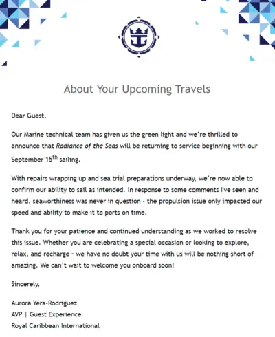 Radiance of the Seas letter