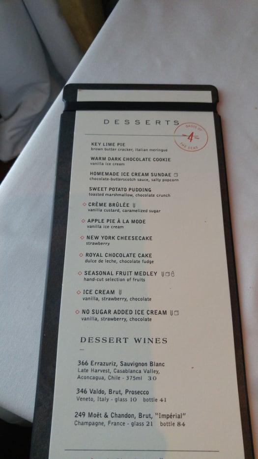 Spotted: New main dining room menu on Royal Caribbean's Oasis of the