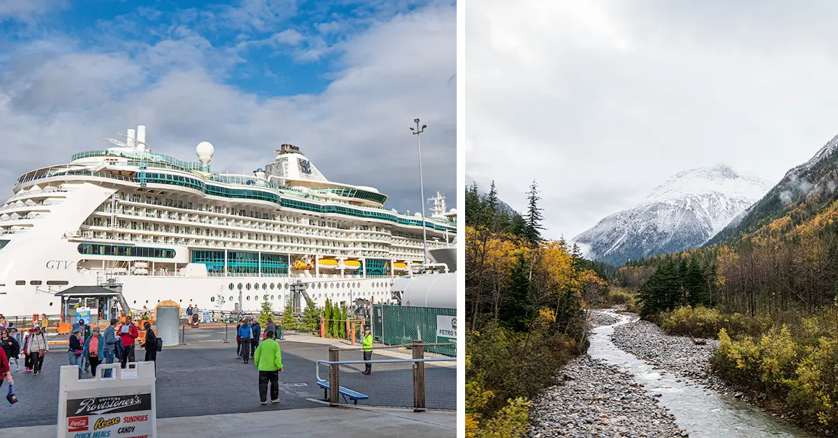 worst months to cruise alaska side by side image of cruise ship and alaska scenery