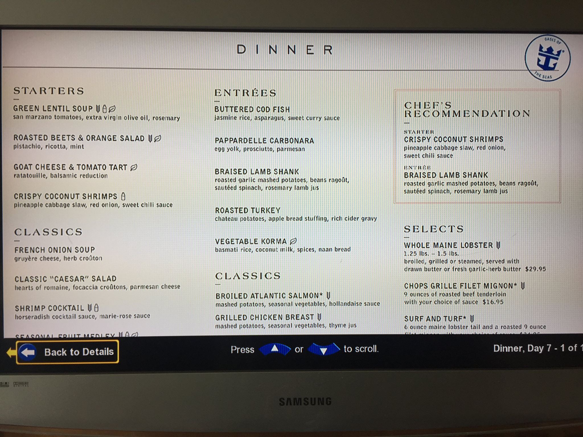 Vitality Menu in MDR/Healthy Eating Royal Caribbean Dining Royal