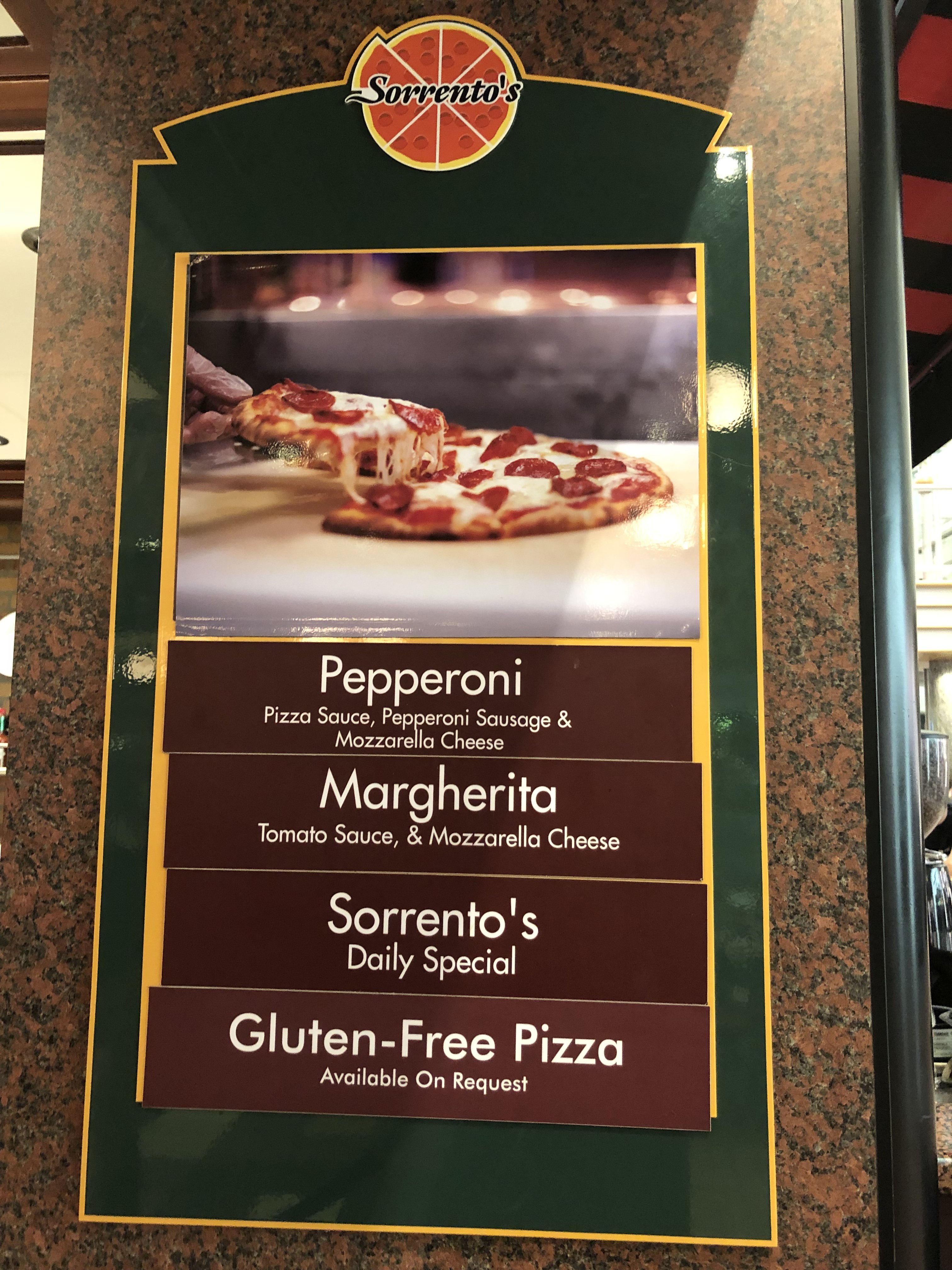 Thin crust pizza from Sorrento s or room service Royal