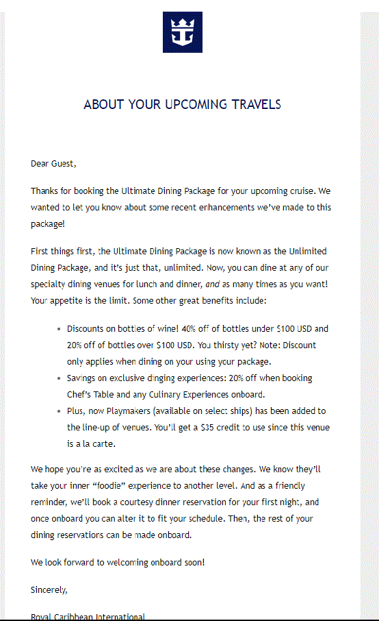 Unlimited Dining Package or Ultimate Dining Package Royal Caribbean