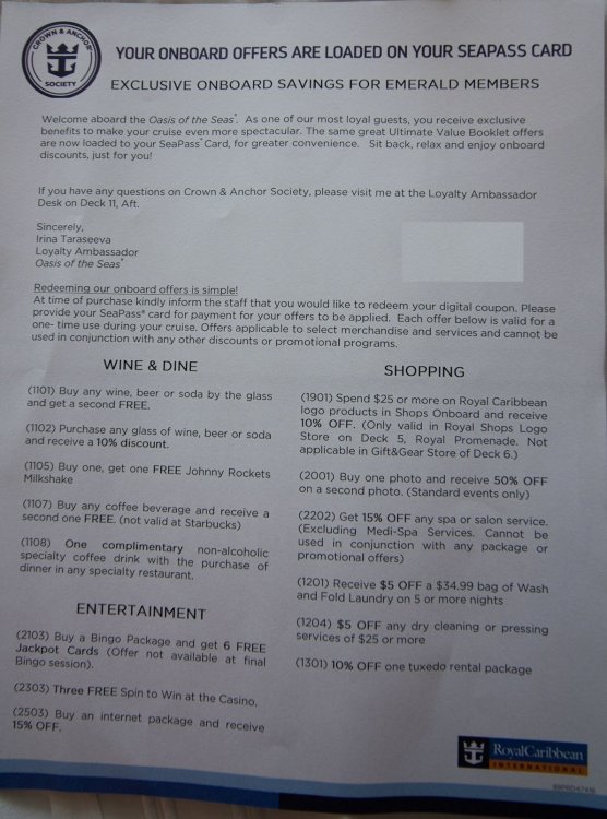 Diamond Benefits Sheet On board Royal Caribbean Discussion Royal