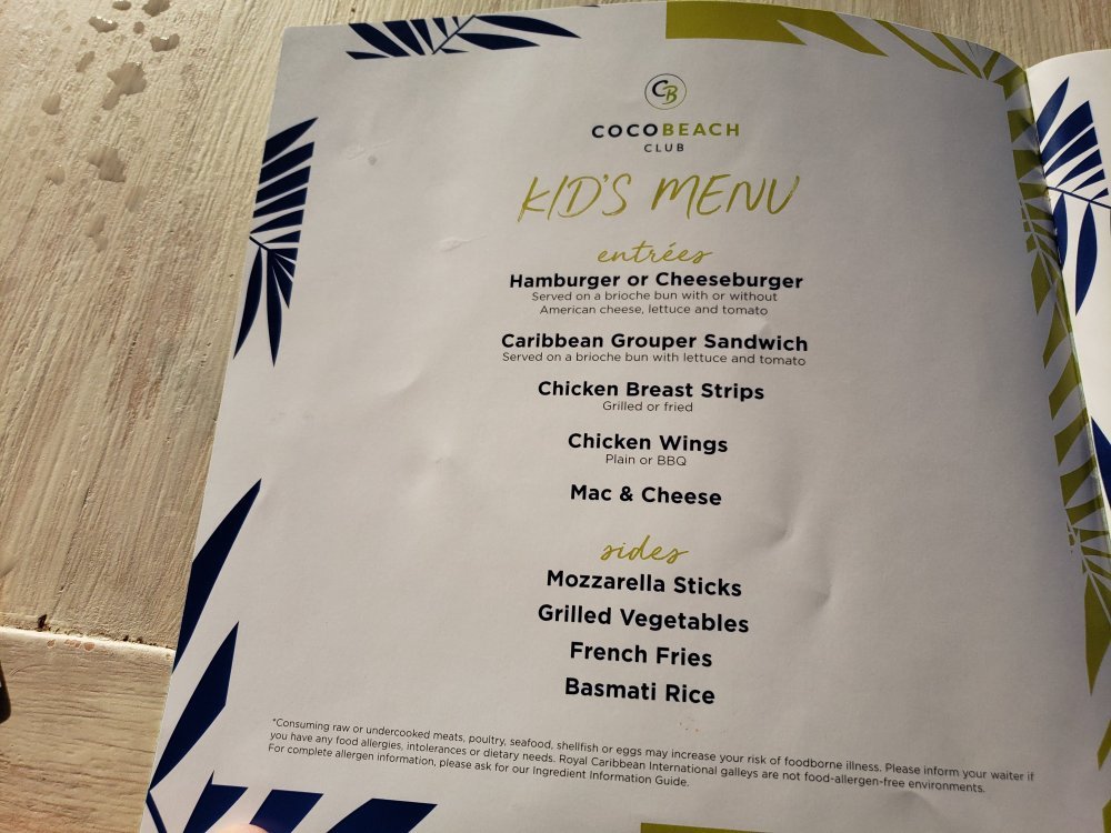 CoCo Beach Club Land side Cabana Menu Royal Caribbean Dining Royal