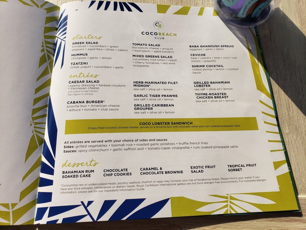 CoCo Beach Club Land side Cabana Menu Royal Caribbean Dining Royal