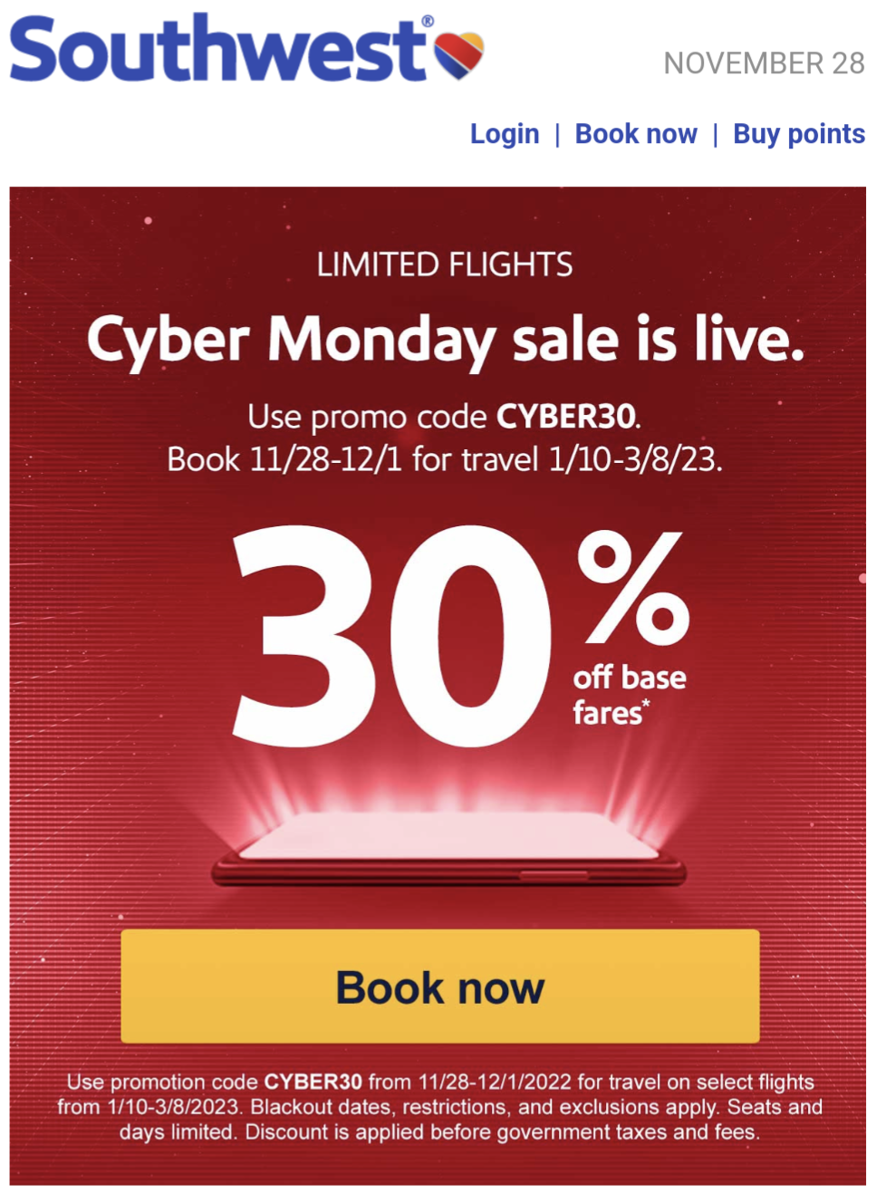 Cyber Monday (11/2812/1) Southwest Airlines Other travel Royal