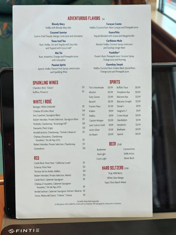 Galveston "In Texas Waters" Liquor Brands? Royal Caribbean Dining