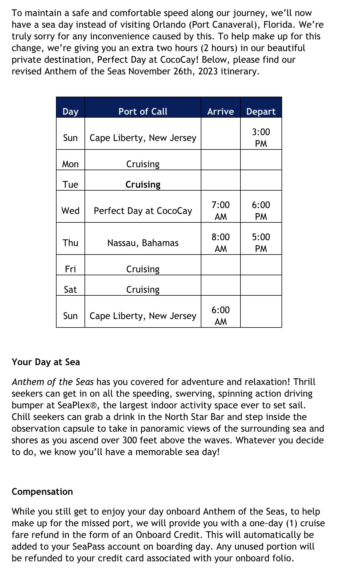 royal caribbean anthem of the sea itinerary