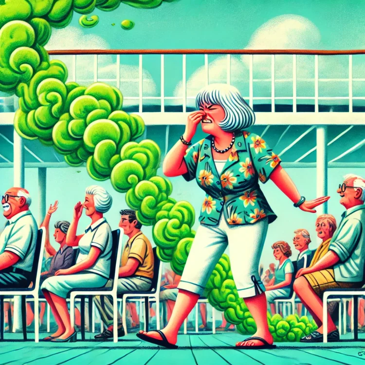 DALL·E 2025-01-07 16.45.43 - A humorous and whimsical illustration of a svelte middle-aged Caucasian woman, nicknamed SweetPea, unsuccessfully attempting to avoid a sea of green, .webp