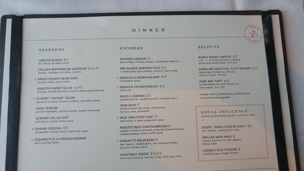 Spotted New main dining room menu on Royal Caribbean's Oasis of the