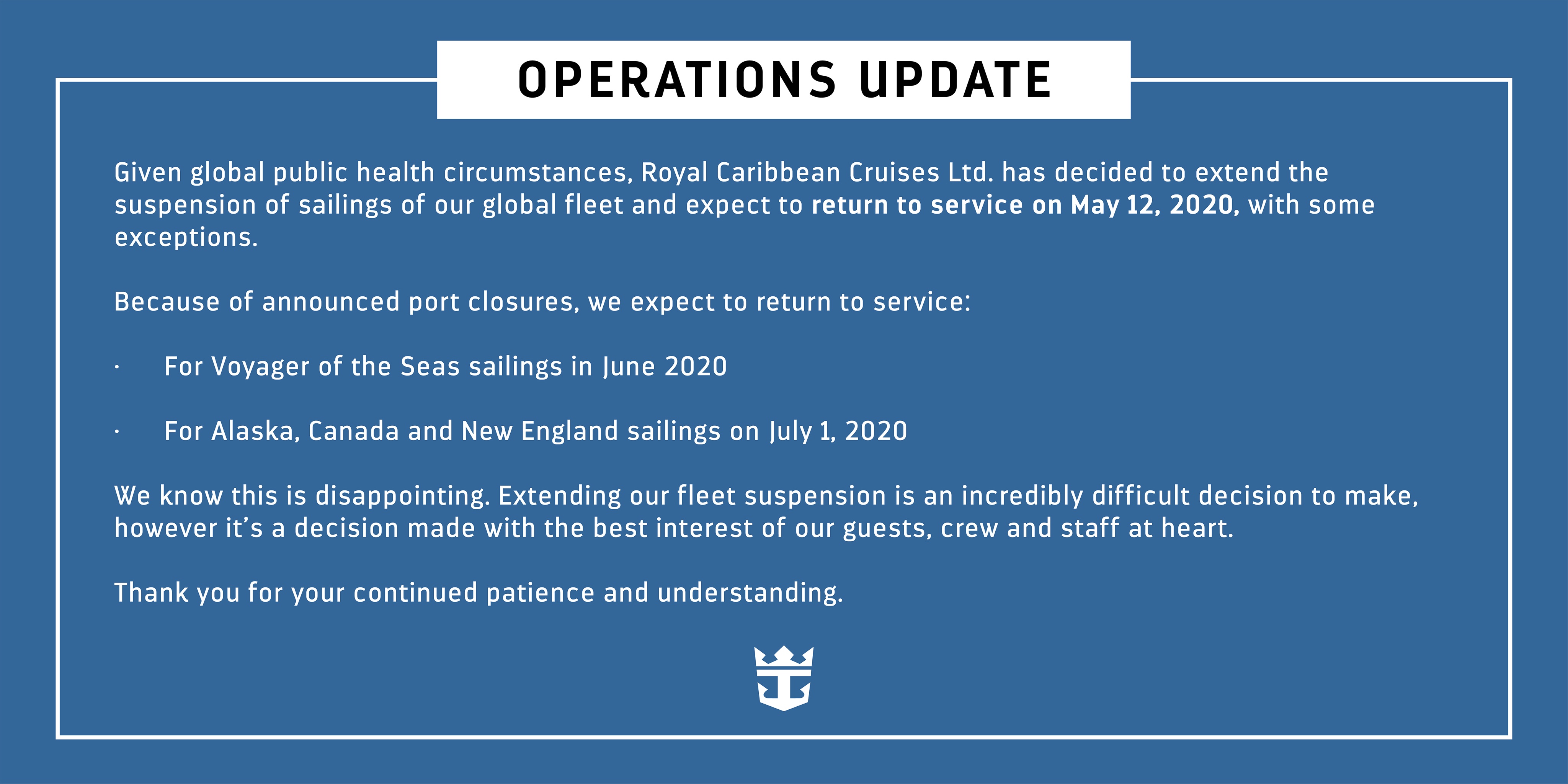 Royal Caribbean extends suspension of cruises an additional 30 days due