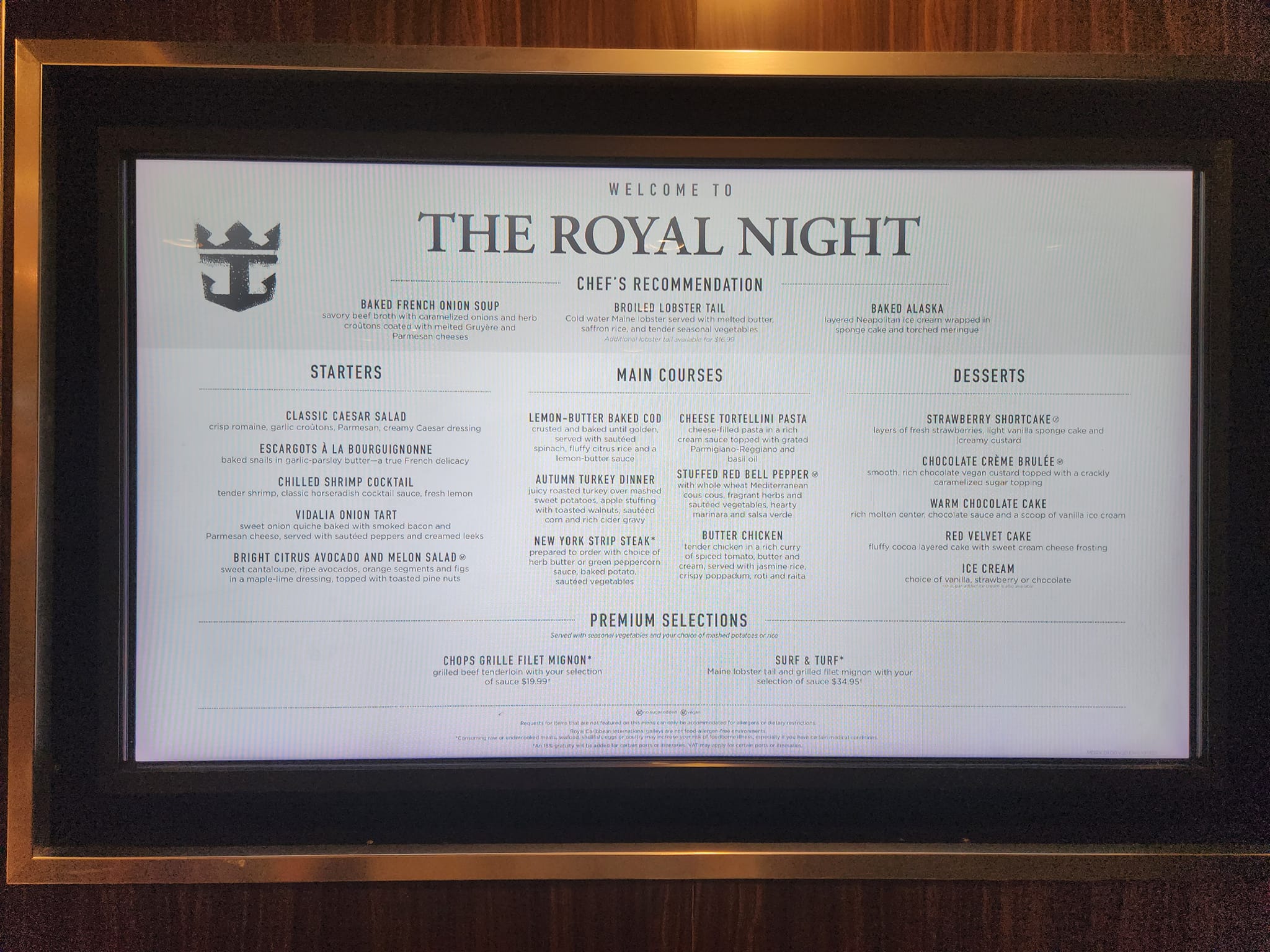 Here's a look at Royal Caribbean's possible new main dining room menus