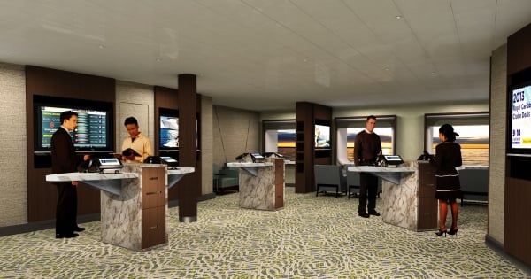 Guest Services will be a completely different experience onboard Quantum of the Seas as there is no real desk. Roaming Guest Services staff, and guests will have the ability to access Royal iQ at one of the eight Royal iQ Stations located at Guest Services.