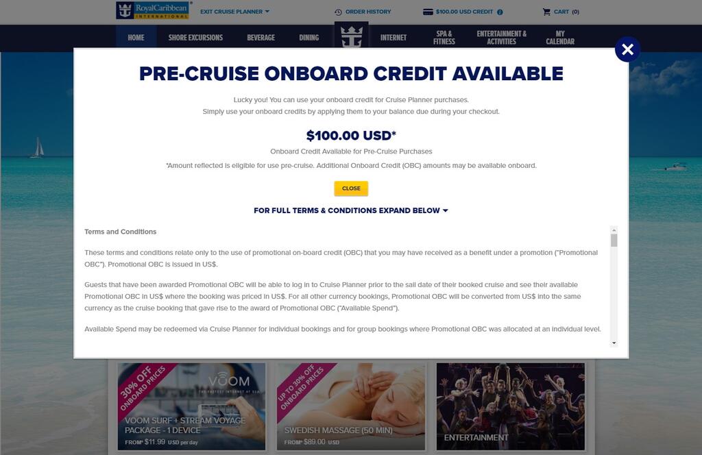 Royal Caribbean allowing guests to use onboard credit for precruise