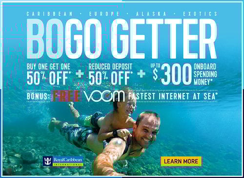 Bogo cruise deals BOGO deals -- typically buy one get one free or half price -- are a particular favorite of Royal Caribbean, though other lines might use this lure as well. The hook is that if you buy one cruise.