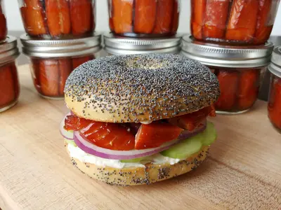 cream cheese, smoked sockeye, cucumber and red onion bagel