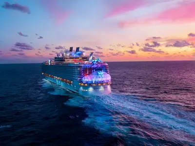 Wonder of the Seas at night aerial