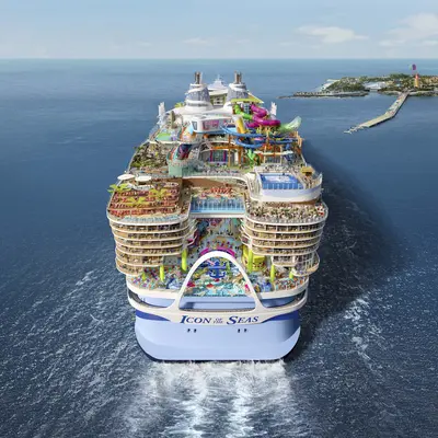 Icon of the Seas aerial aft at Cococay