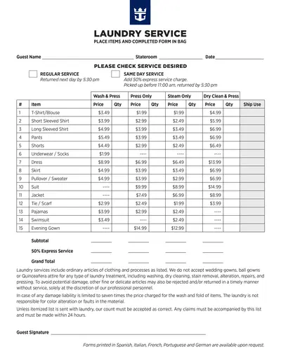 Royal Caribbean laundry price list