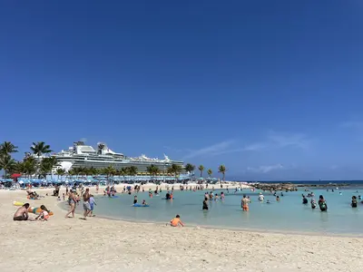Chill Island beach with ships in background