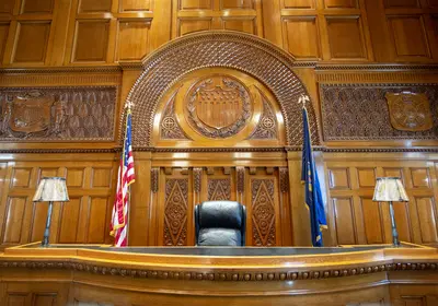 Courtroom of law and the judge bench