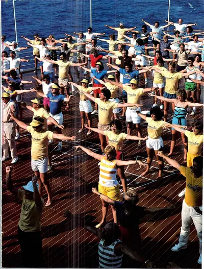 Workout class on 1980s cruise