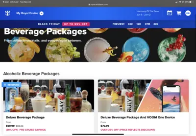 Screenshot of the drink packages for sale