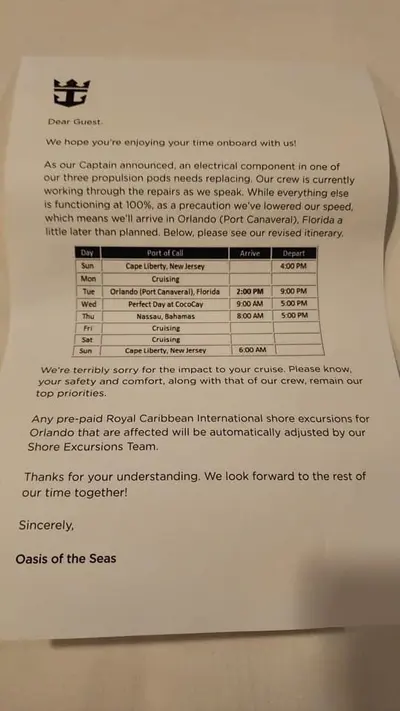 Letter on Oasis of the Seas