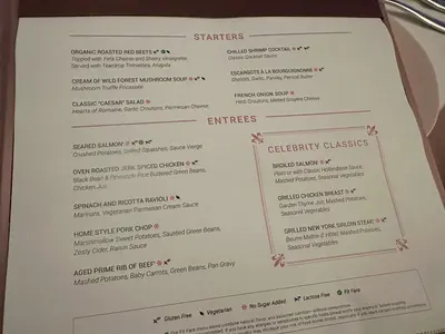 Main Dining Room menu on Celebrity Apex