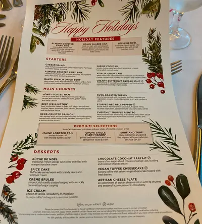Main dining room Christmas menu