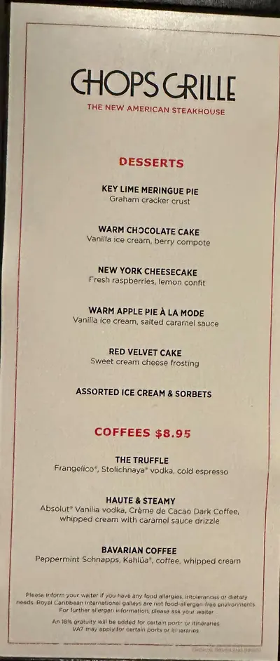 Chops dessert menu