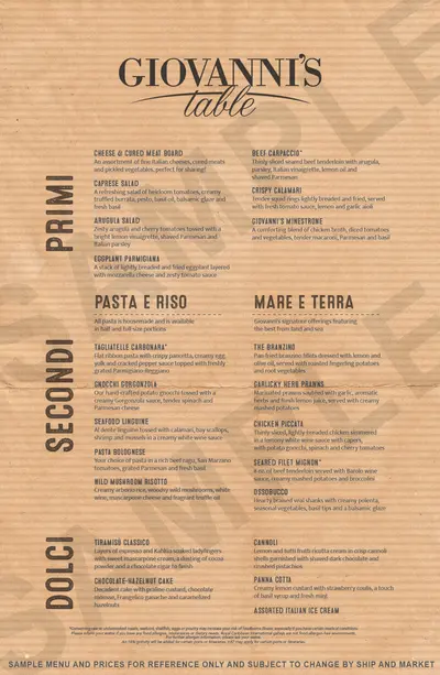 Giovanni's table Menu