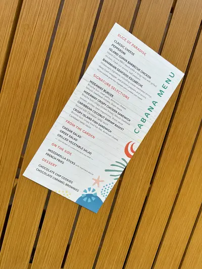 Slice of Paradise cabana menu