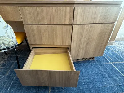 Vanity shelves in the Spacious Infinite Central Park Balcony Cabin on Icon of the Seas