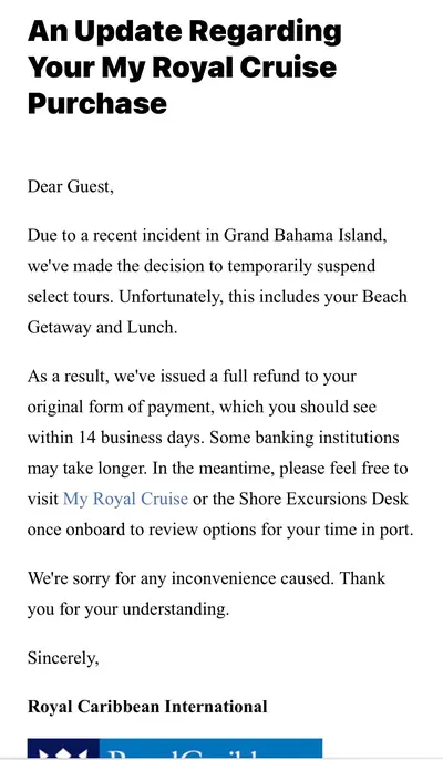 Shore excursion cancellation email