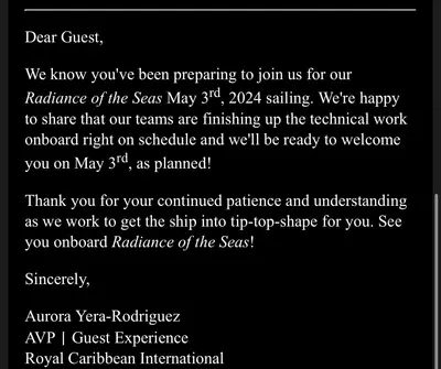 Radiance of the Seas letter