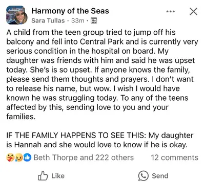 FB-Response-Harmony-Passing Facebook post about the 12-year-old boy who fell to his death on Harmony of the Seas