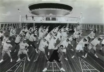 Vintage photo of stretching class