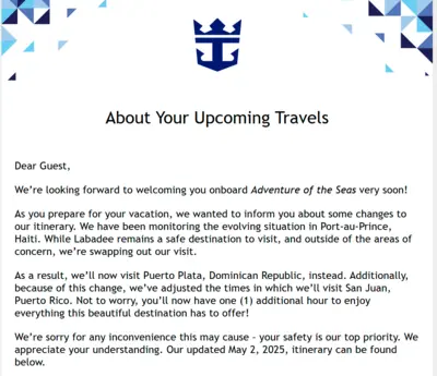 Adventure of the Seas rerouted from Labadee