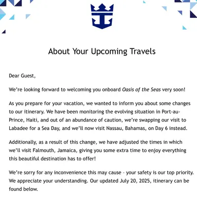 Email cancelling visits into July