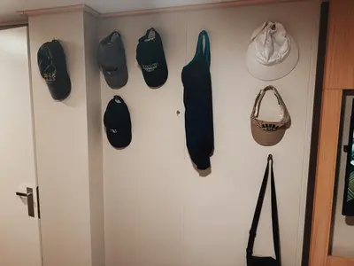 Magnetic hooks can hang up hats, bags, and more