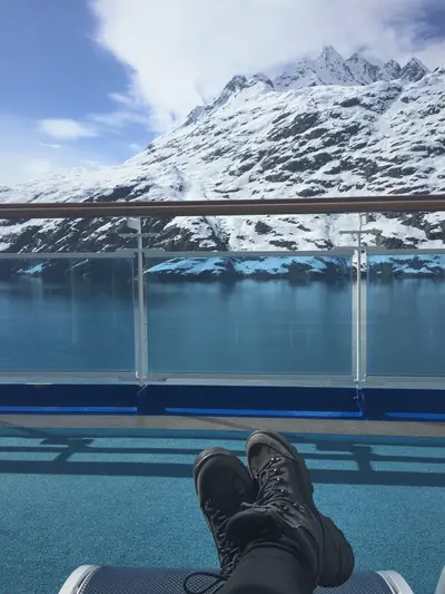 boots on a deck chair of cruise ship