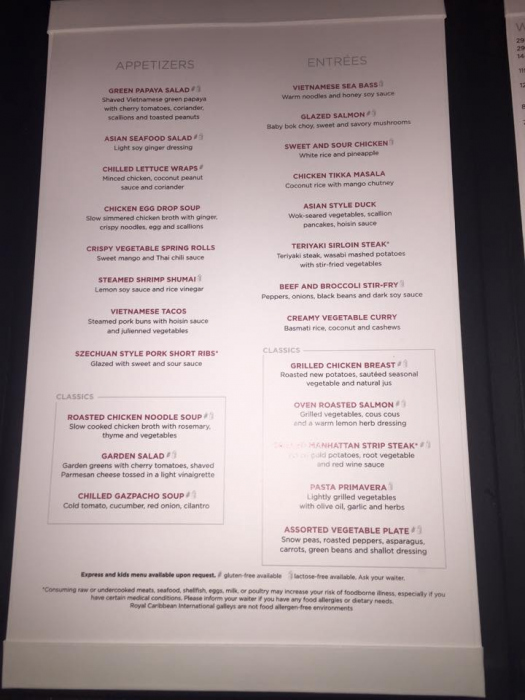 Royal Caribbean launches new menus on Quantum of the Seas complimentary