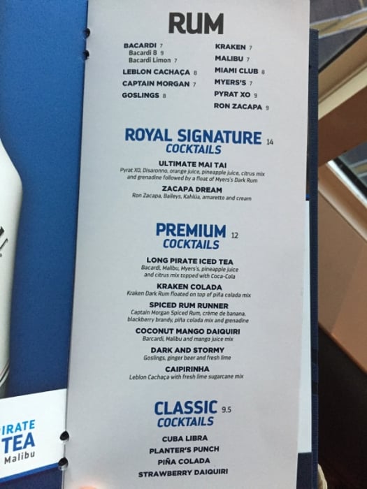 Drink menu Royal Caribbean Blog